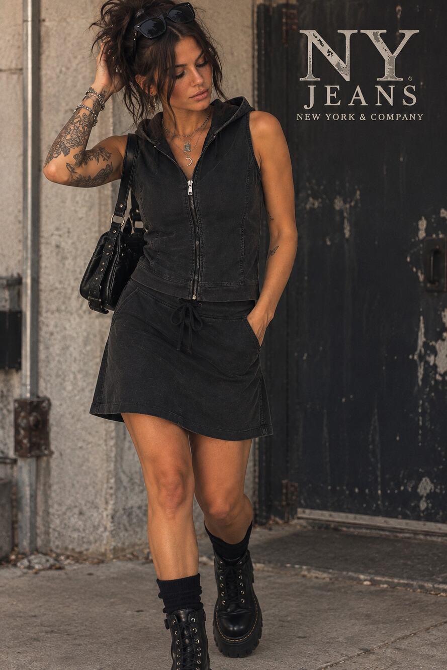 VNT Y2K New York and Company Black Hooded Vest Skirt Set Outfit Medium Grunge